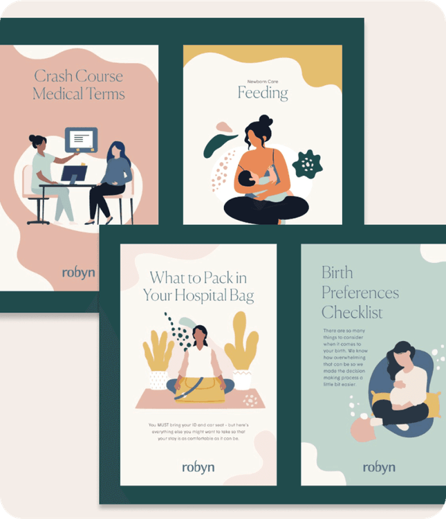 A collection of Parentbirth by Robyn resources, Crash Course Medical Terms, Feeding, What to Pack in Your Hospital Bag, Birth Preferences Checklist